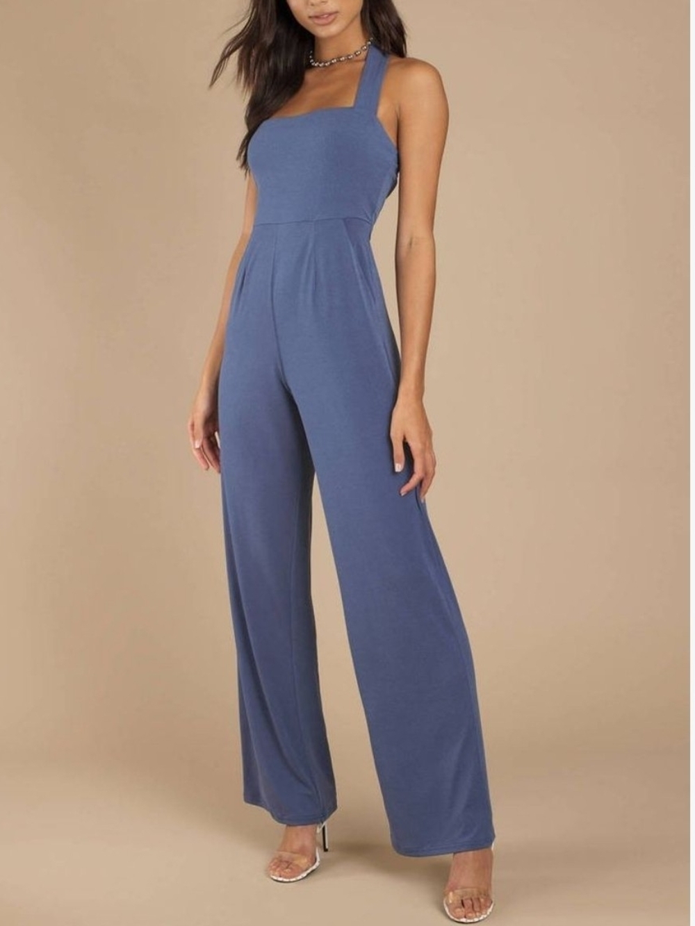 Tobi Blue Halter Neck Wide-Leg Jumpsuit Lined Pockets Poly/Spandex Sz S